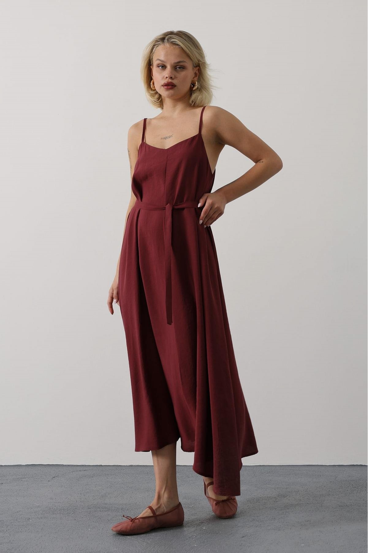 Askılı Basic Uzun Elbise - Bordo