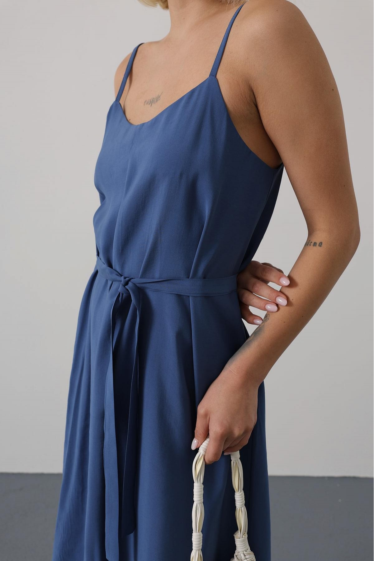 Askılı Basic Uzun Elbise - İndigo