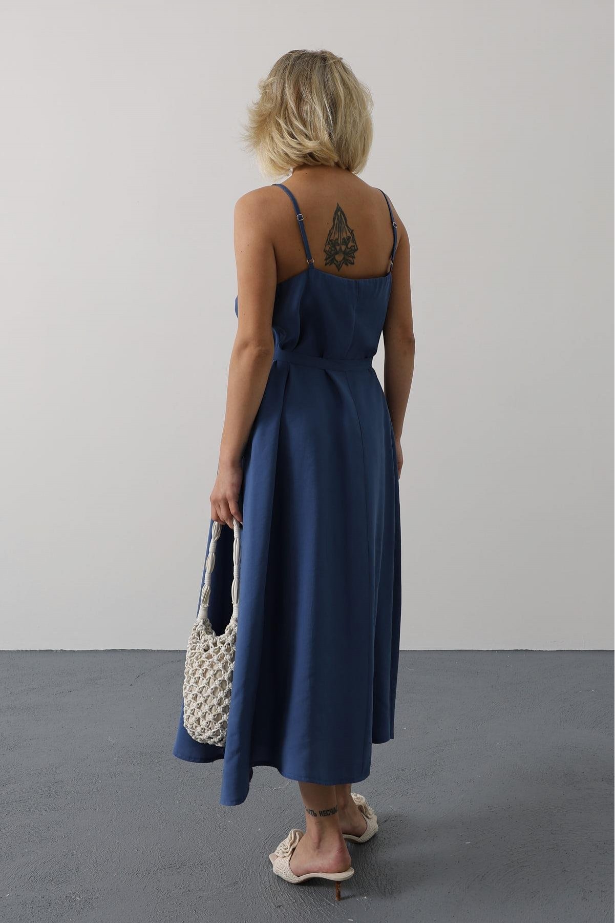 Askılı Basic Uzun Elbise - İndigo