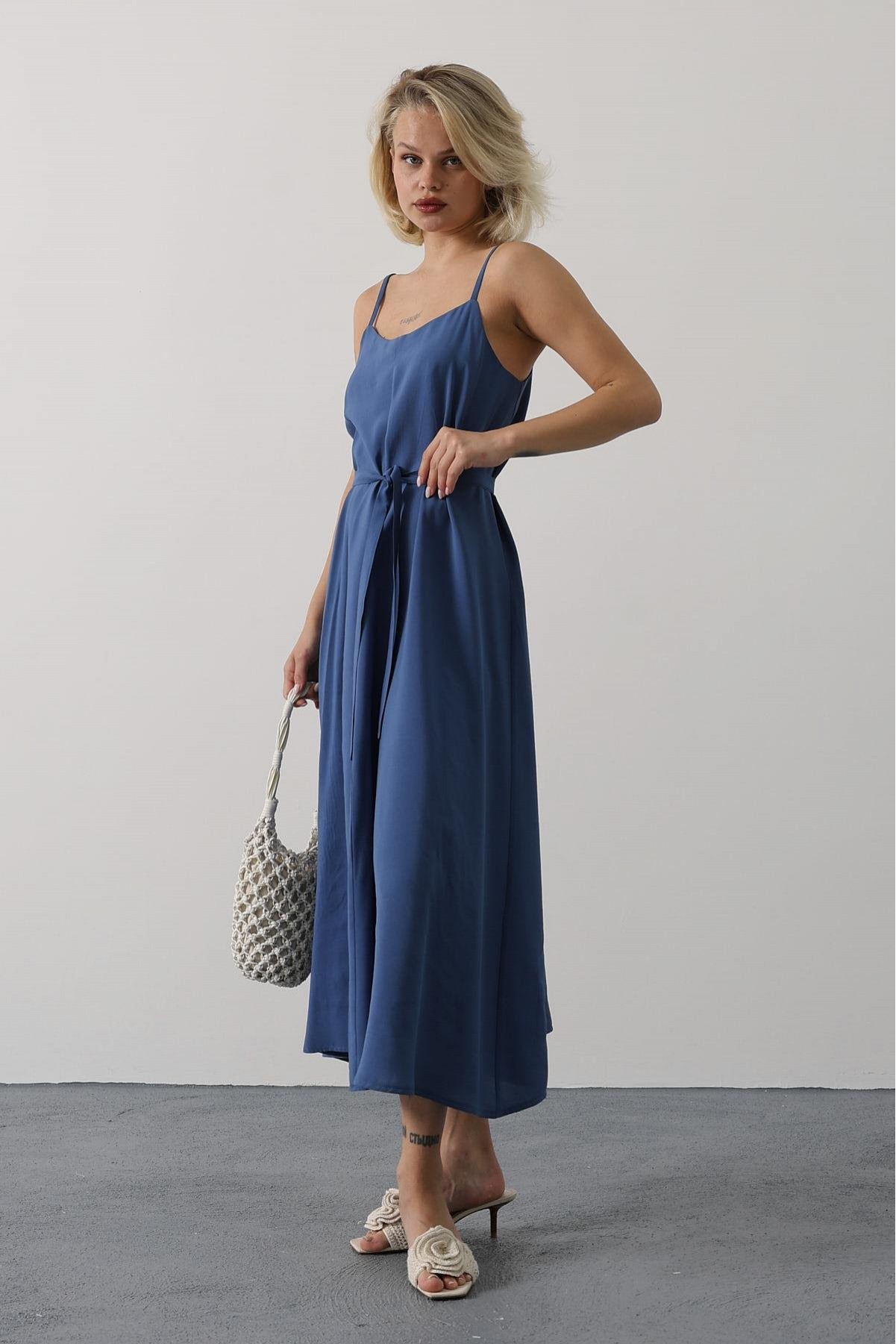 Askılı Basic Uzun Elbise - İndigo