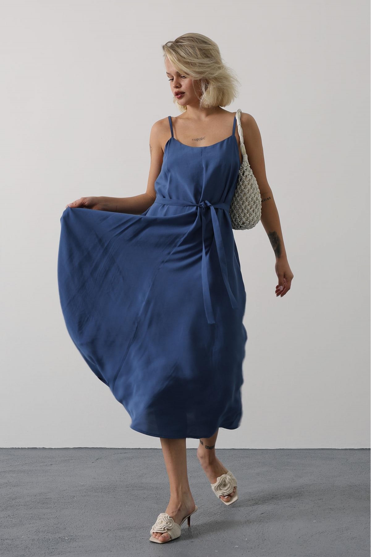 Askılı Basic Uzun Elbise - İndigo