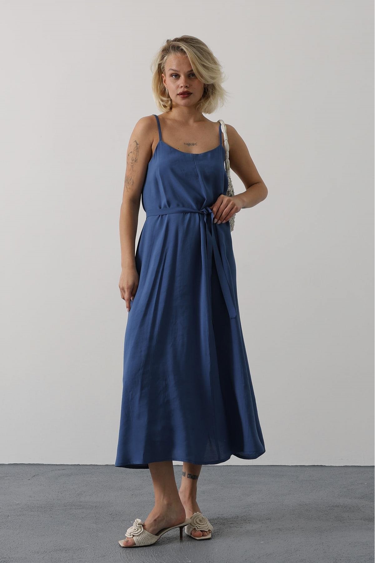 Askılı Basic Uzun Elbise - İndigo