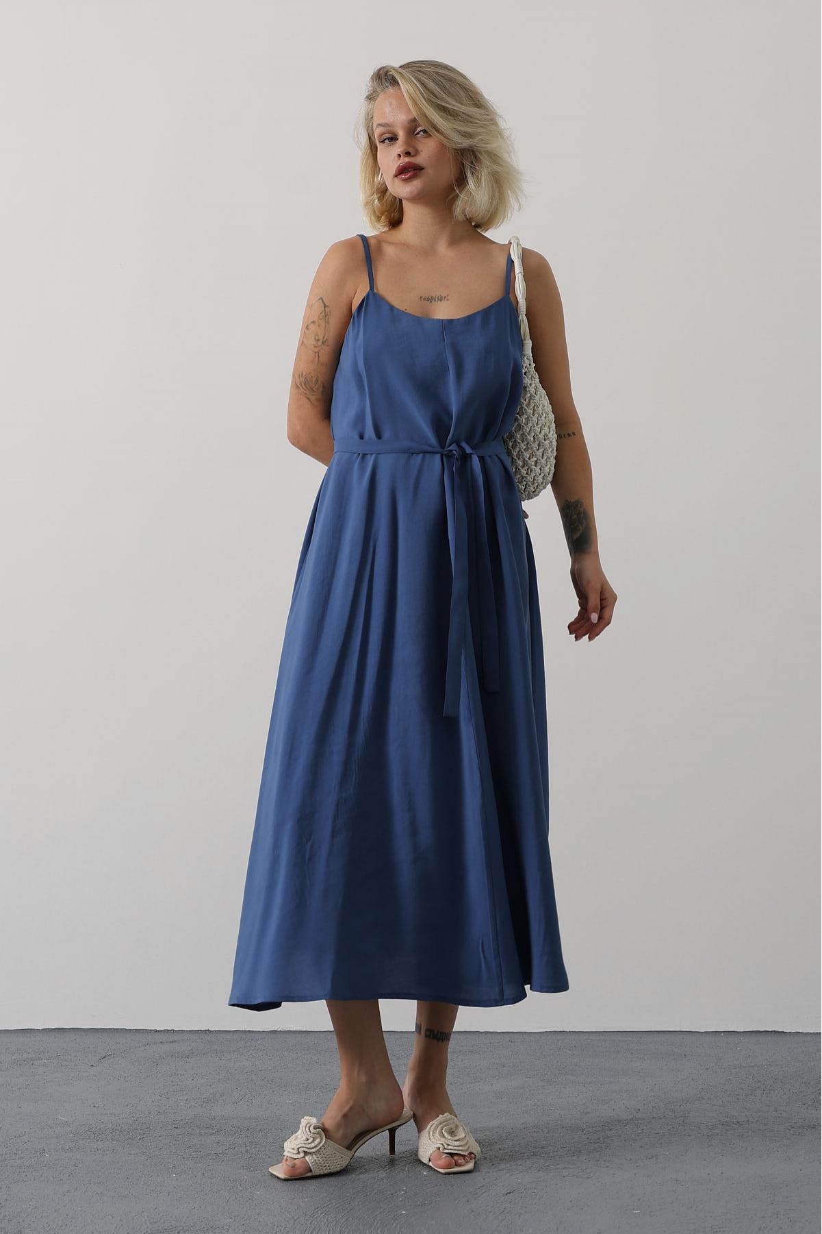 Askılı Basic Uzun Elbise - İndigo