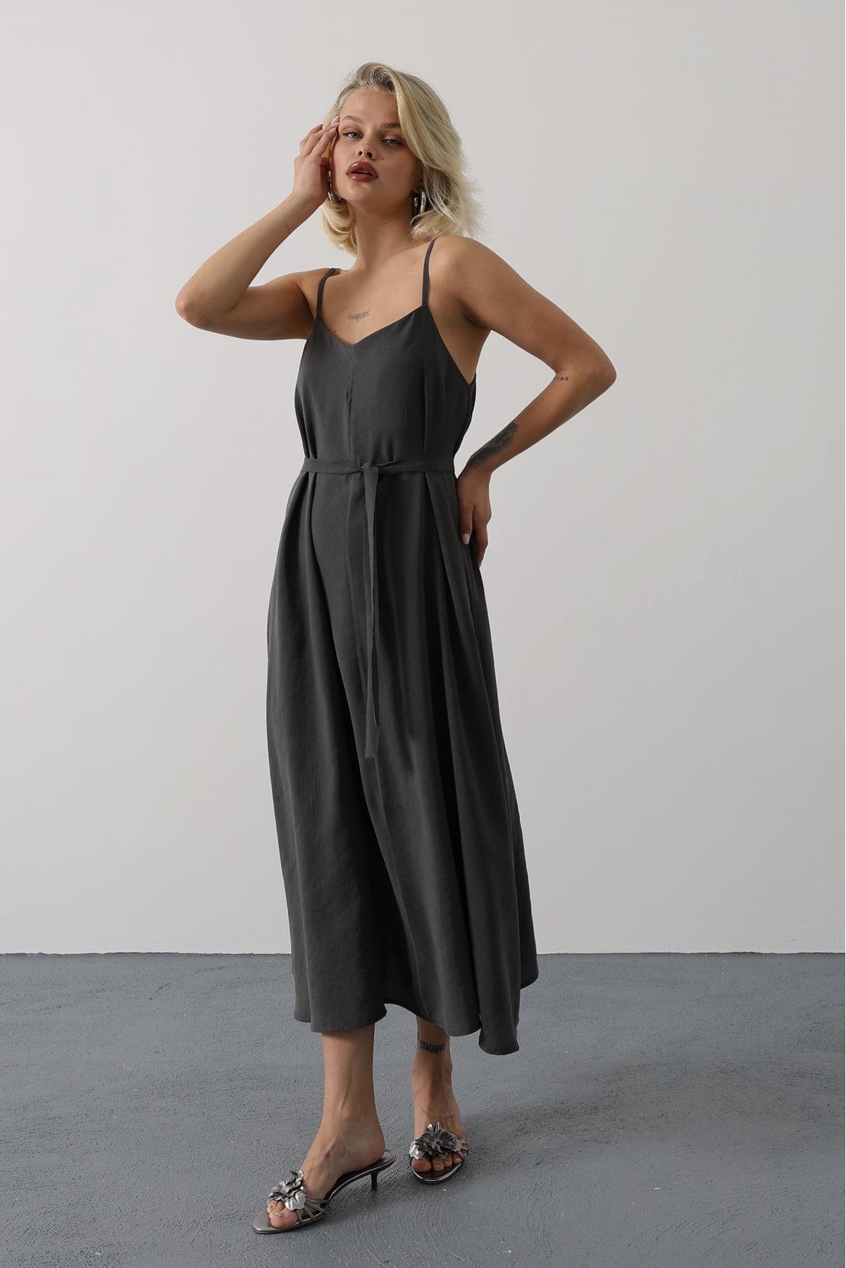 Askılı Basic Uzun Elbise - Koyu Antrasit