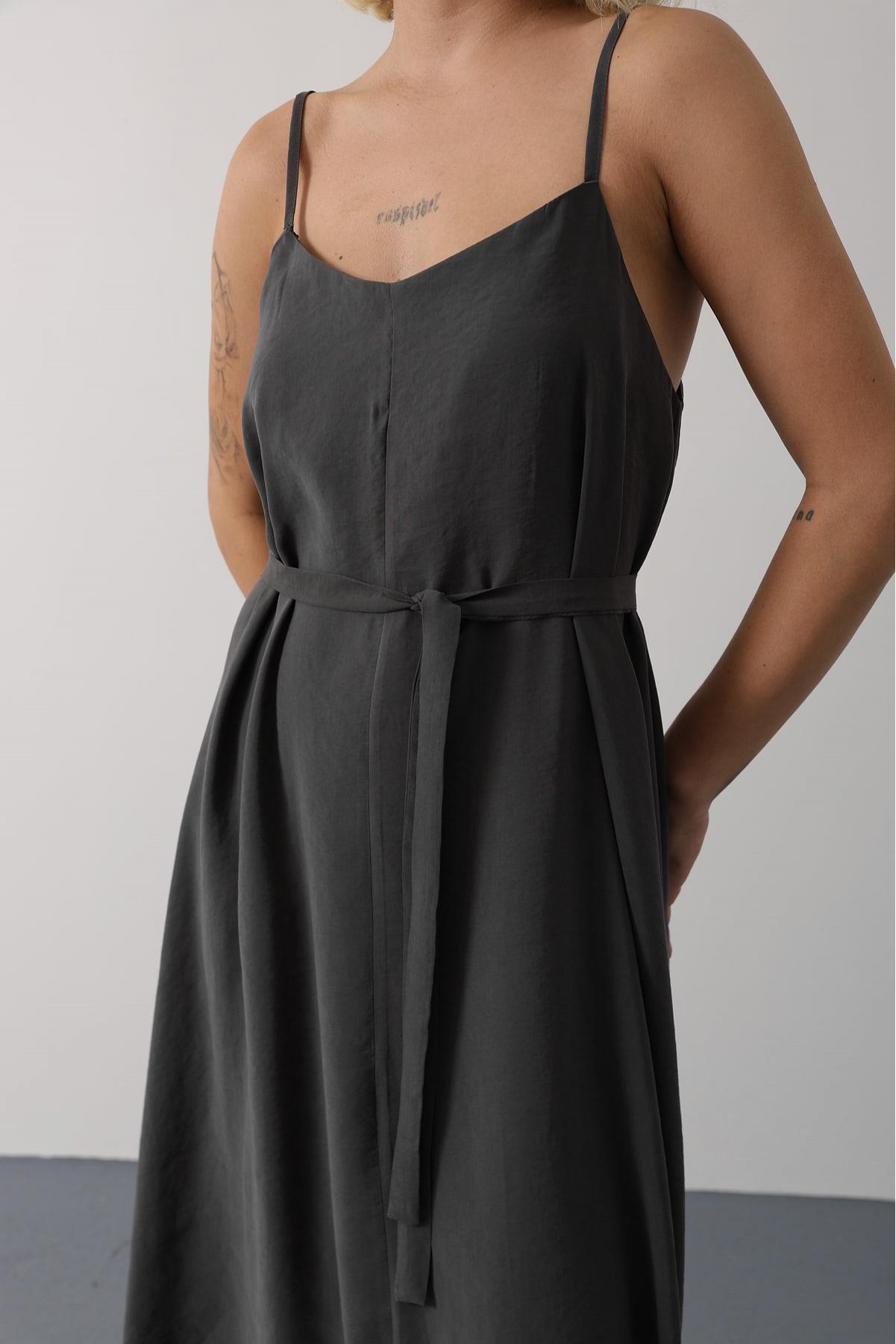 Askılı Basic Uzun Elbise - Koyu Antrasit