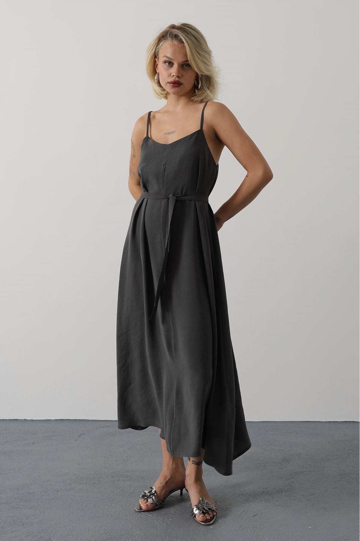 Askılı Basic Uzun Elbise - Koyu Antrasit