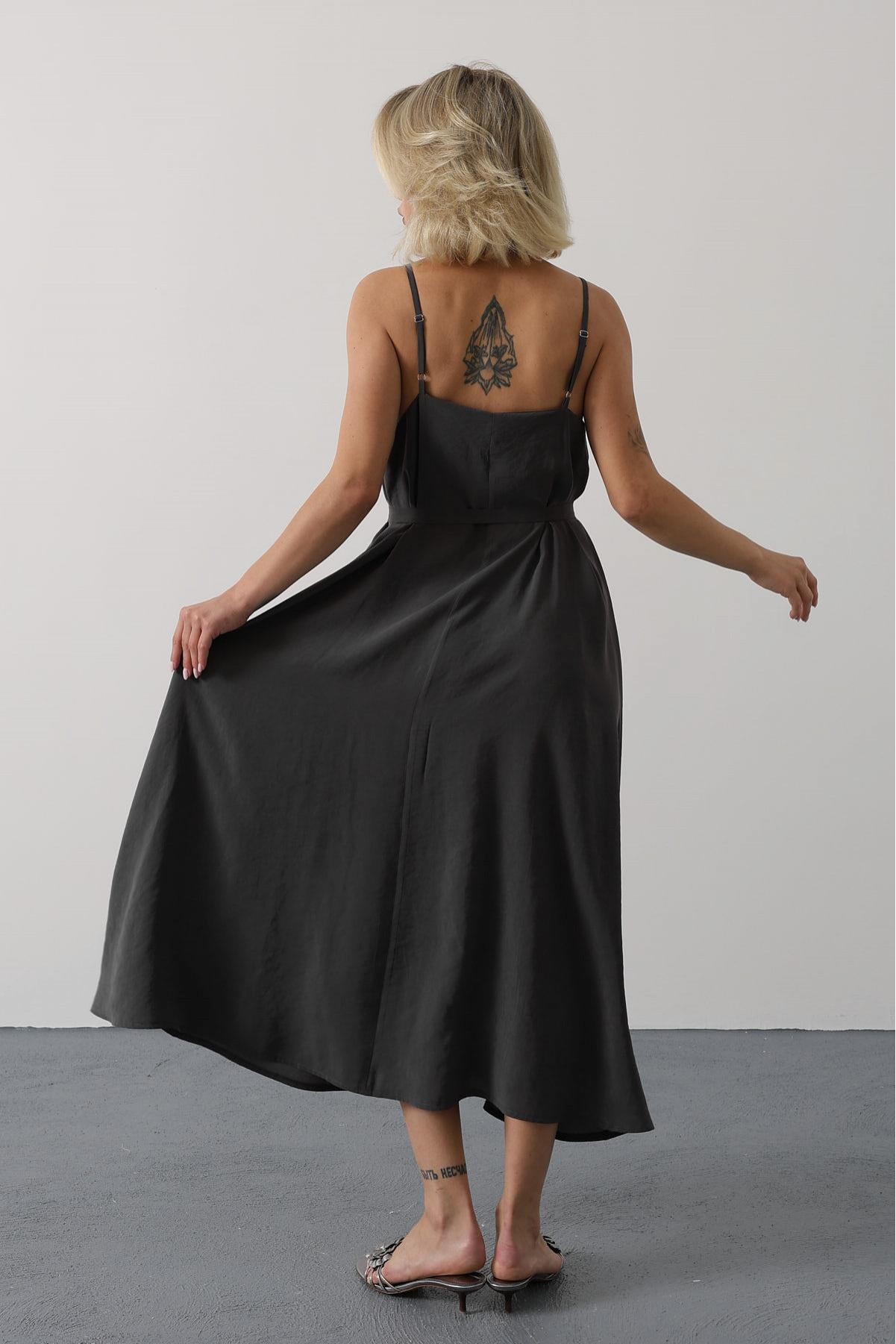 Askılı Basic Uzun Elbise - Koyu Antrasit