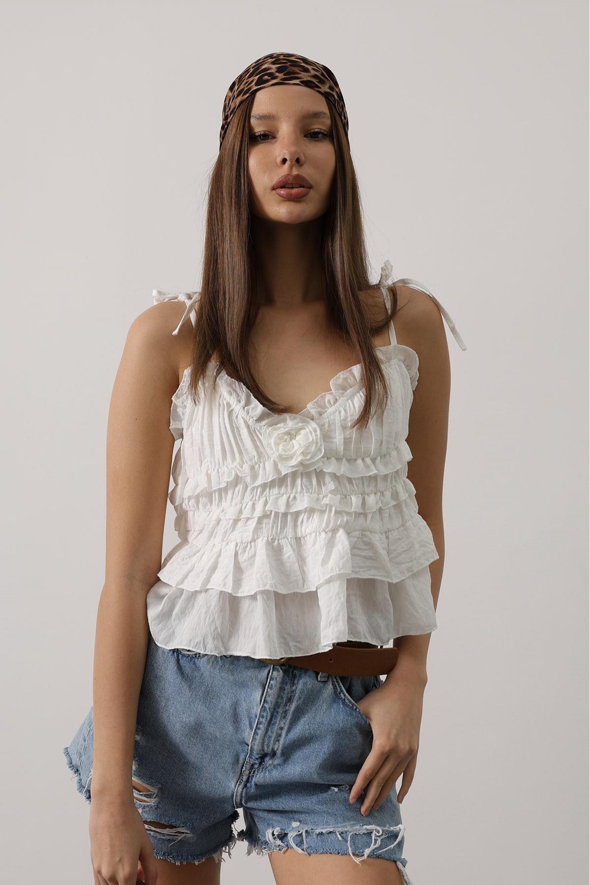 Askılı Gül Detaylı Bluz - Beyaz