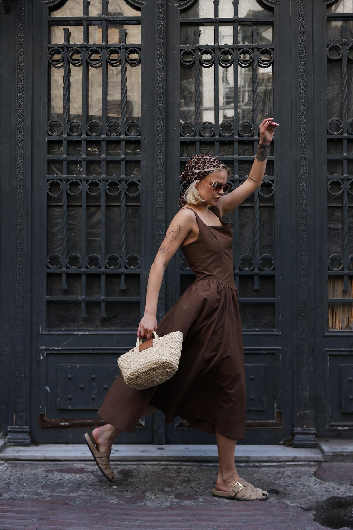 Askılı Uzun Elbise - Kahve