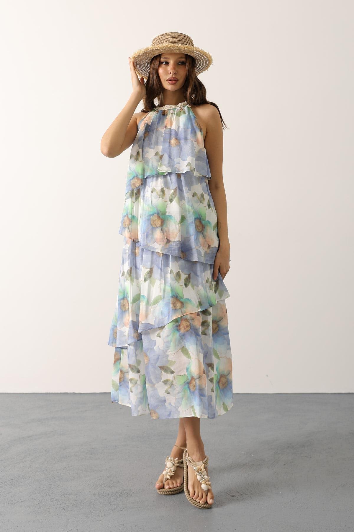 Baskılı Yaka Detaylı Kat Kat Elbise - Mavi