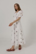 Brodeli Arkası Fiyonk Bağlamalı Elbise - Beyaz