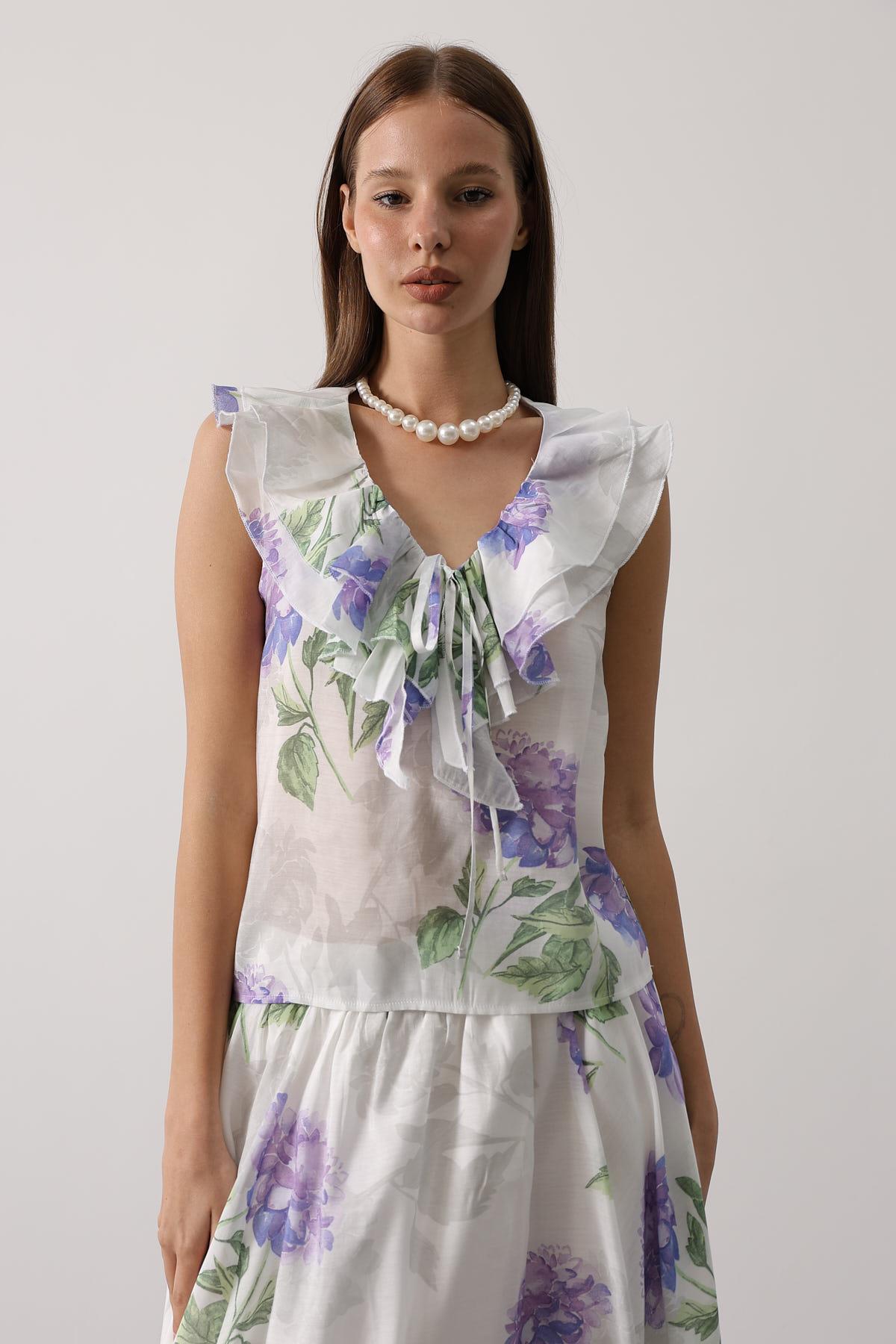 ÇİÇEK DESEN YAKASI FIRFIRLI BLUZ - Lila