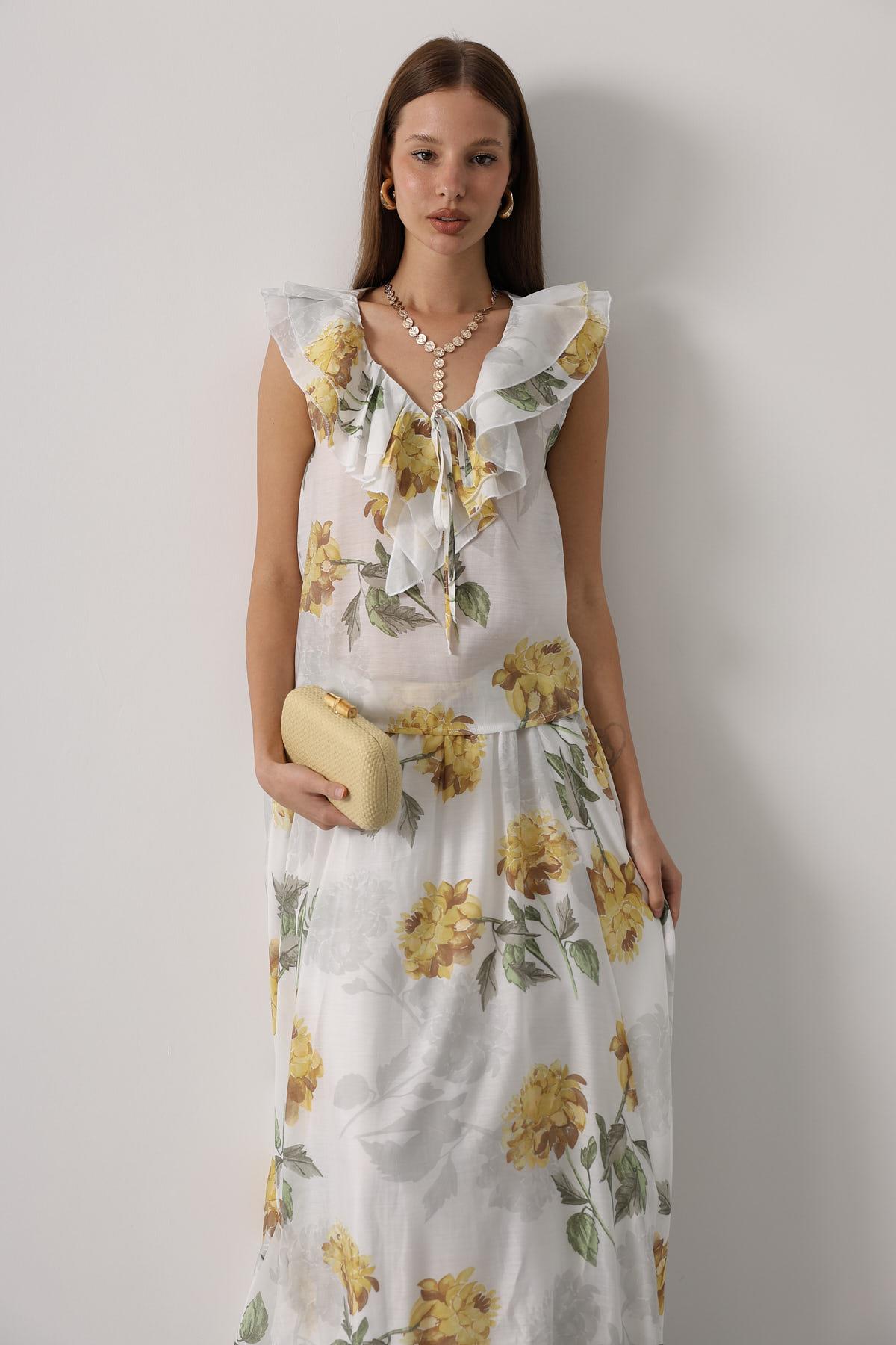 ÇİÇEK DESEN YAKASI FIRFIRLI BLUZ - Sarı