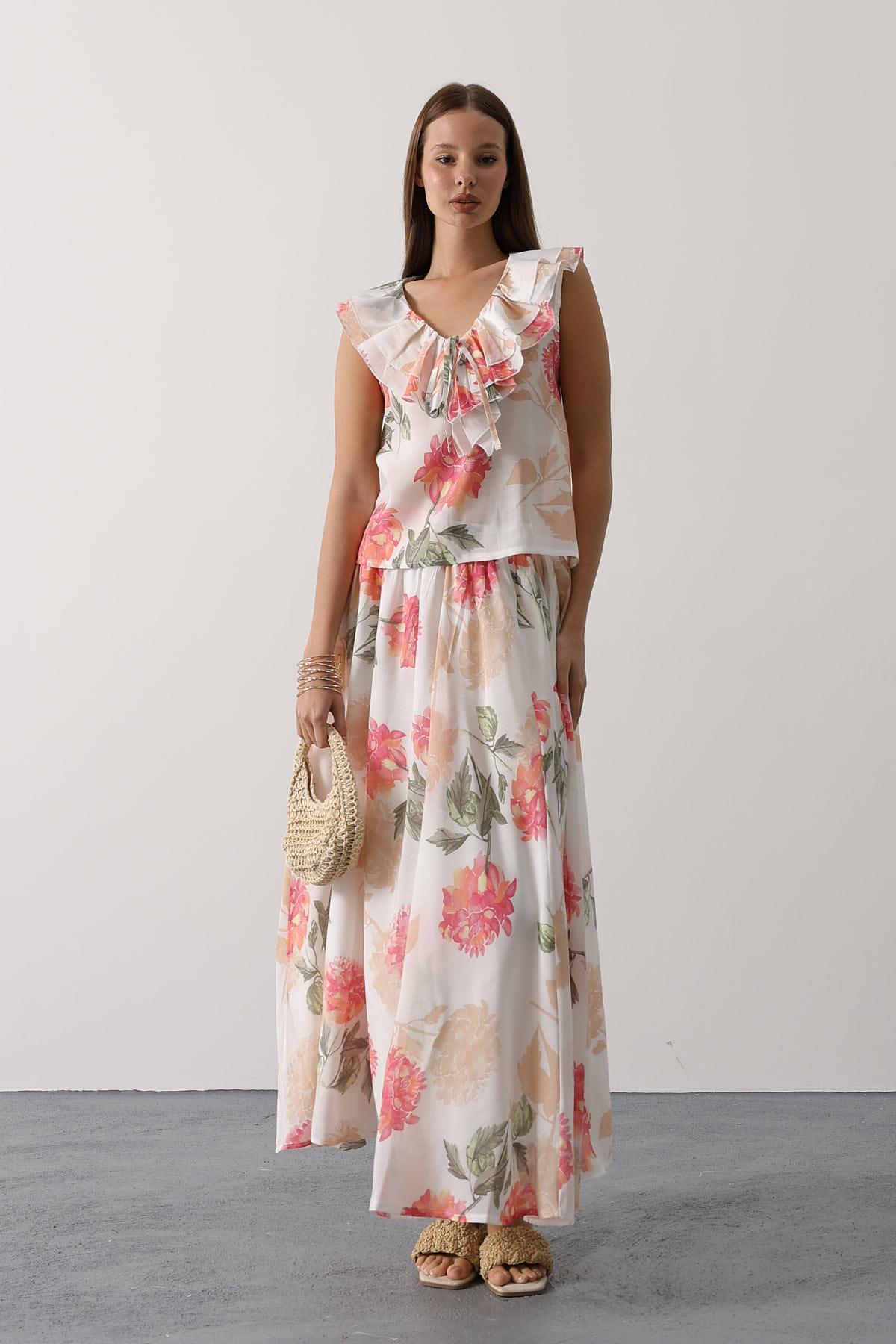 ÇİÇEK DESEN YAKASI FIRFIRLI BLUZ - Pembe