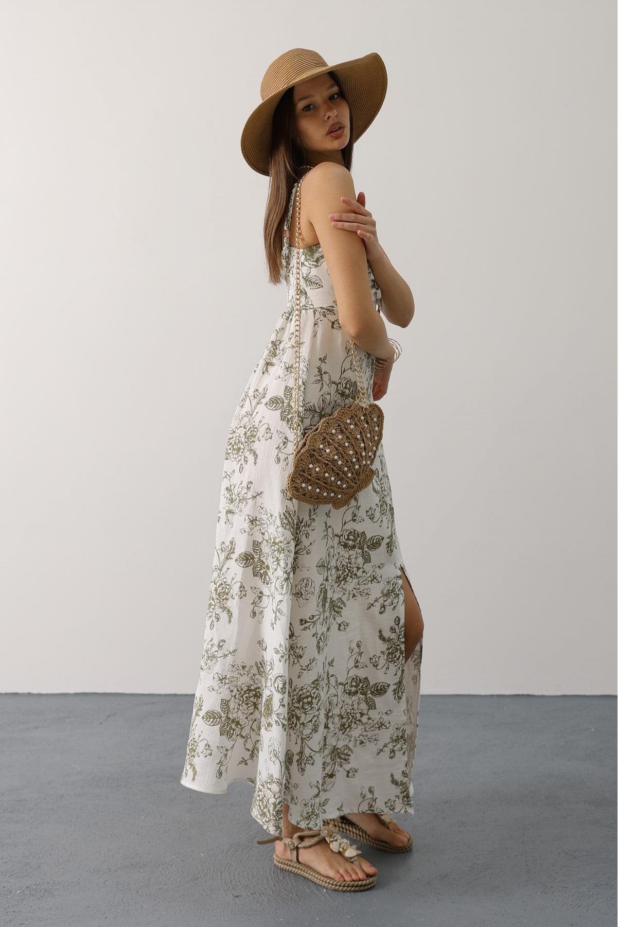 Çicek desenli askılı müslin - Yeşil