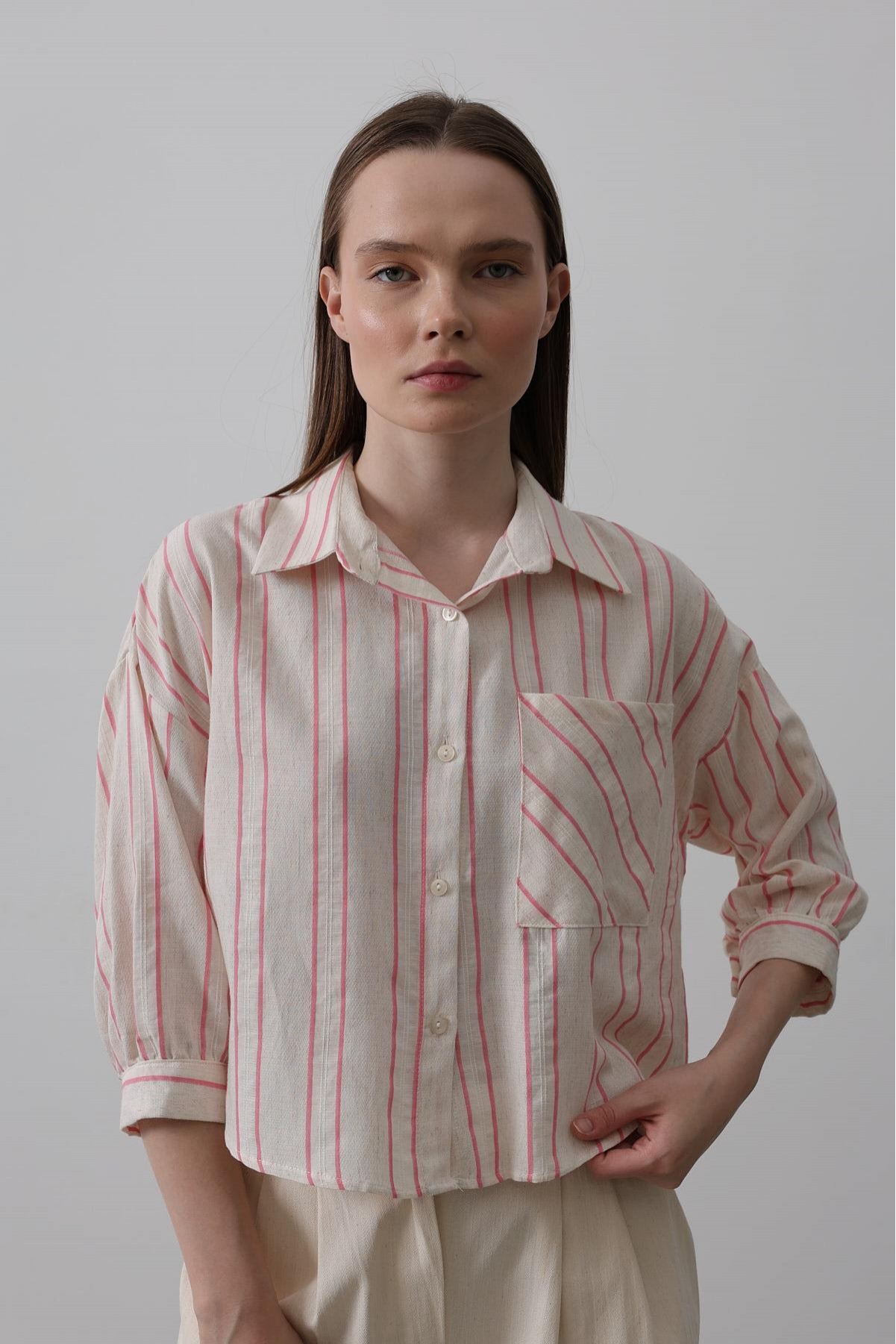 Çizgili Kısa Gömlek - Bej Pembe
