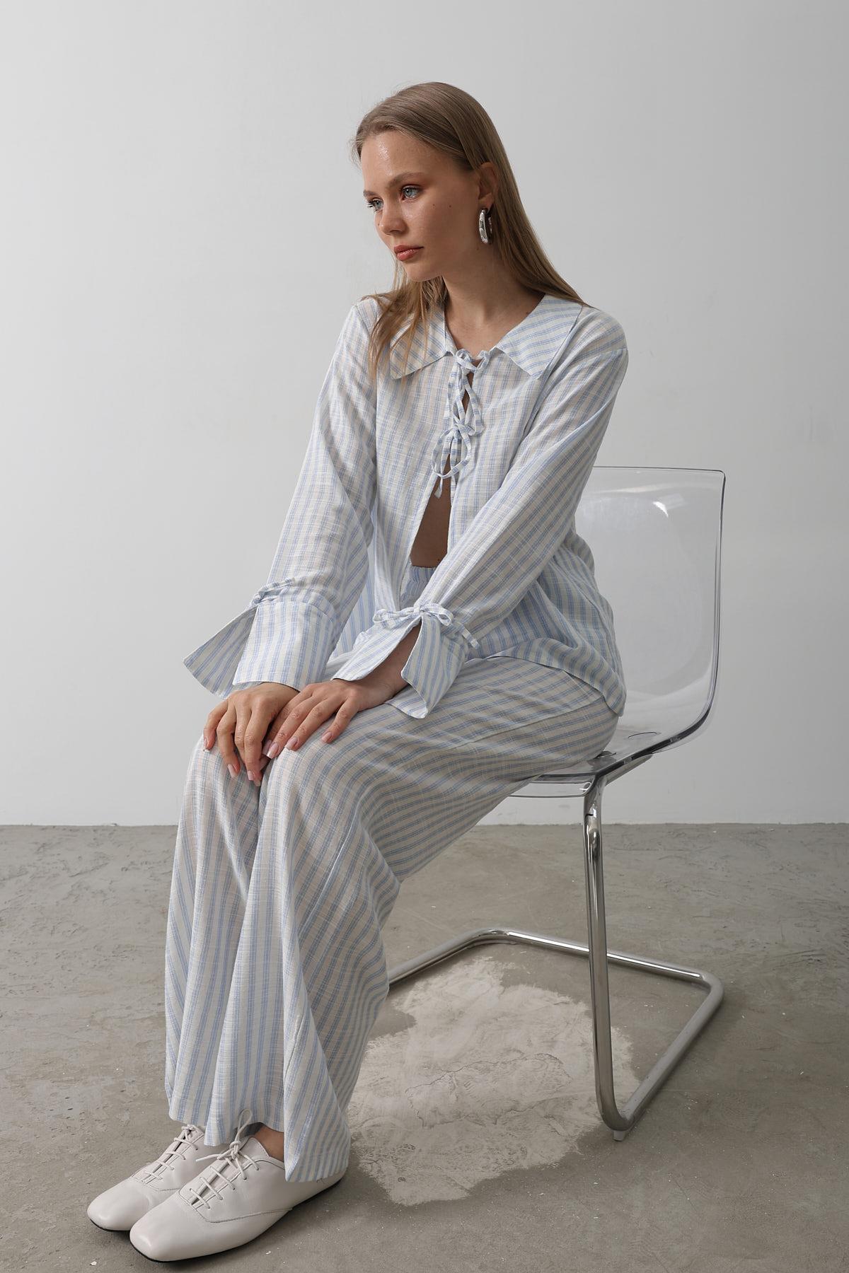 Çizgili Bağlamalı Pantolon Takım - Mavi