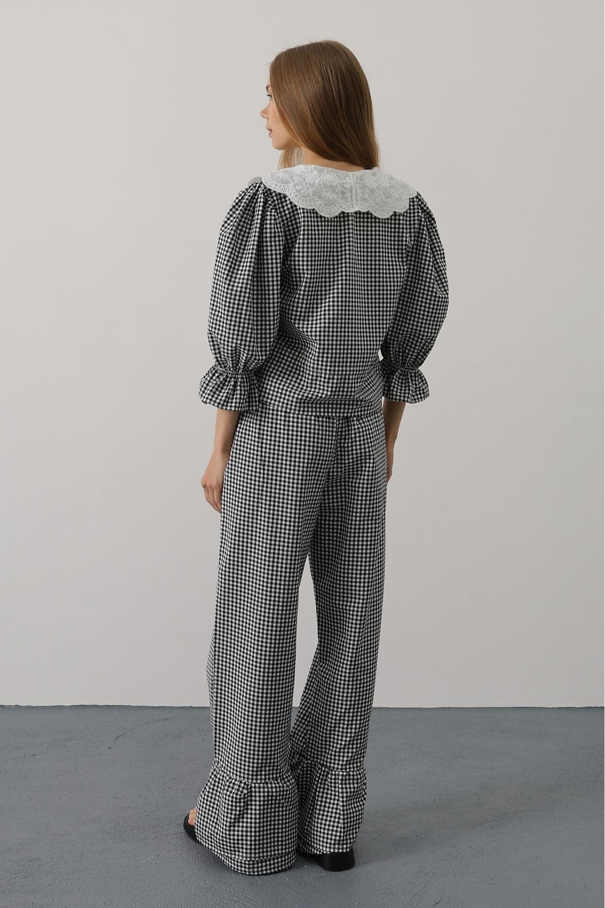 Dantel Yakalı Kare Desenli Takım - Siyah