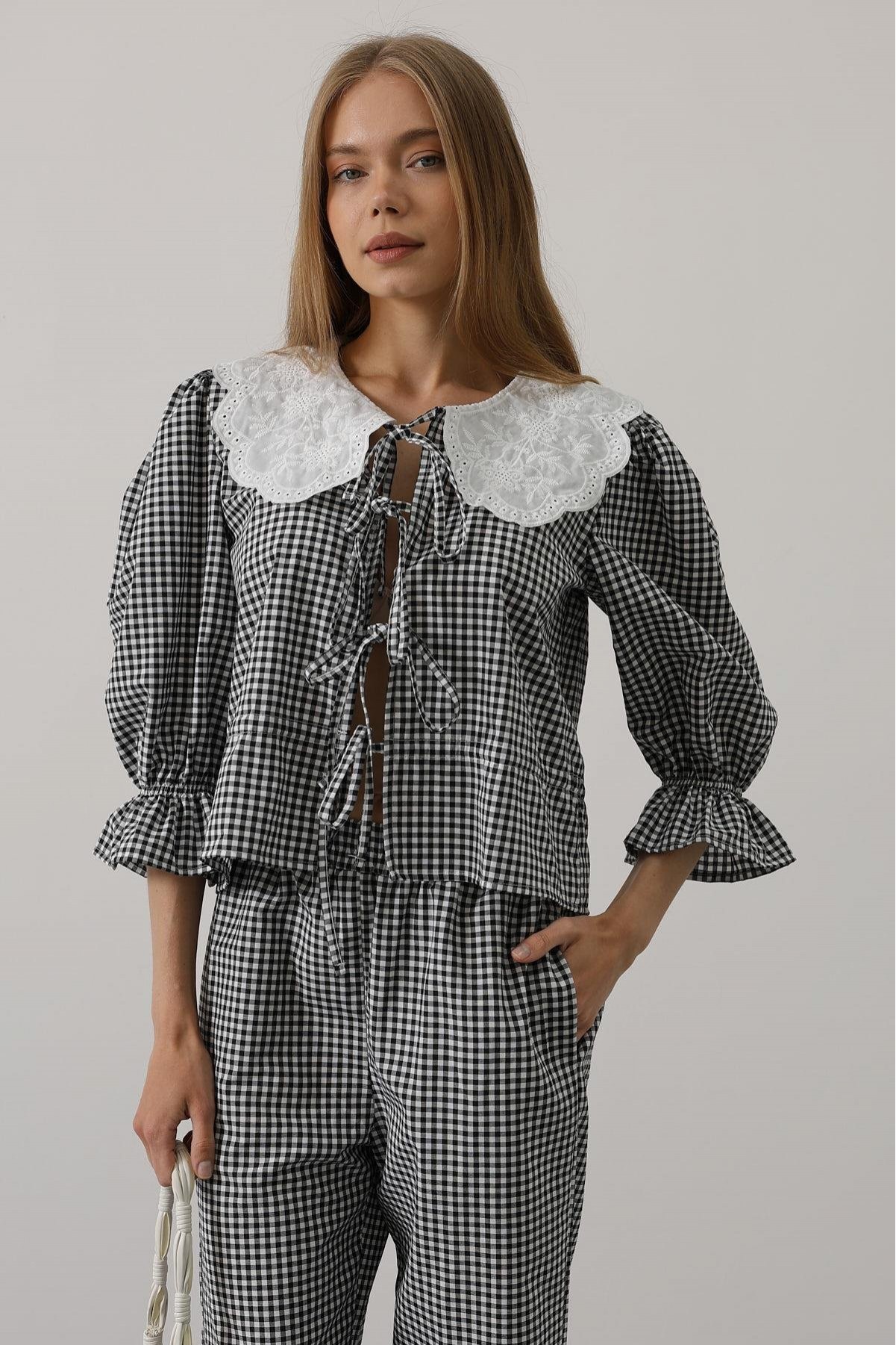 Dantel Yakalı Kare Desenli Takım - Siyah