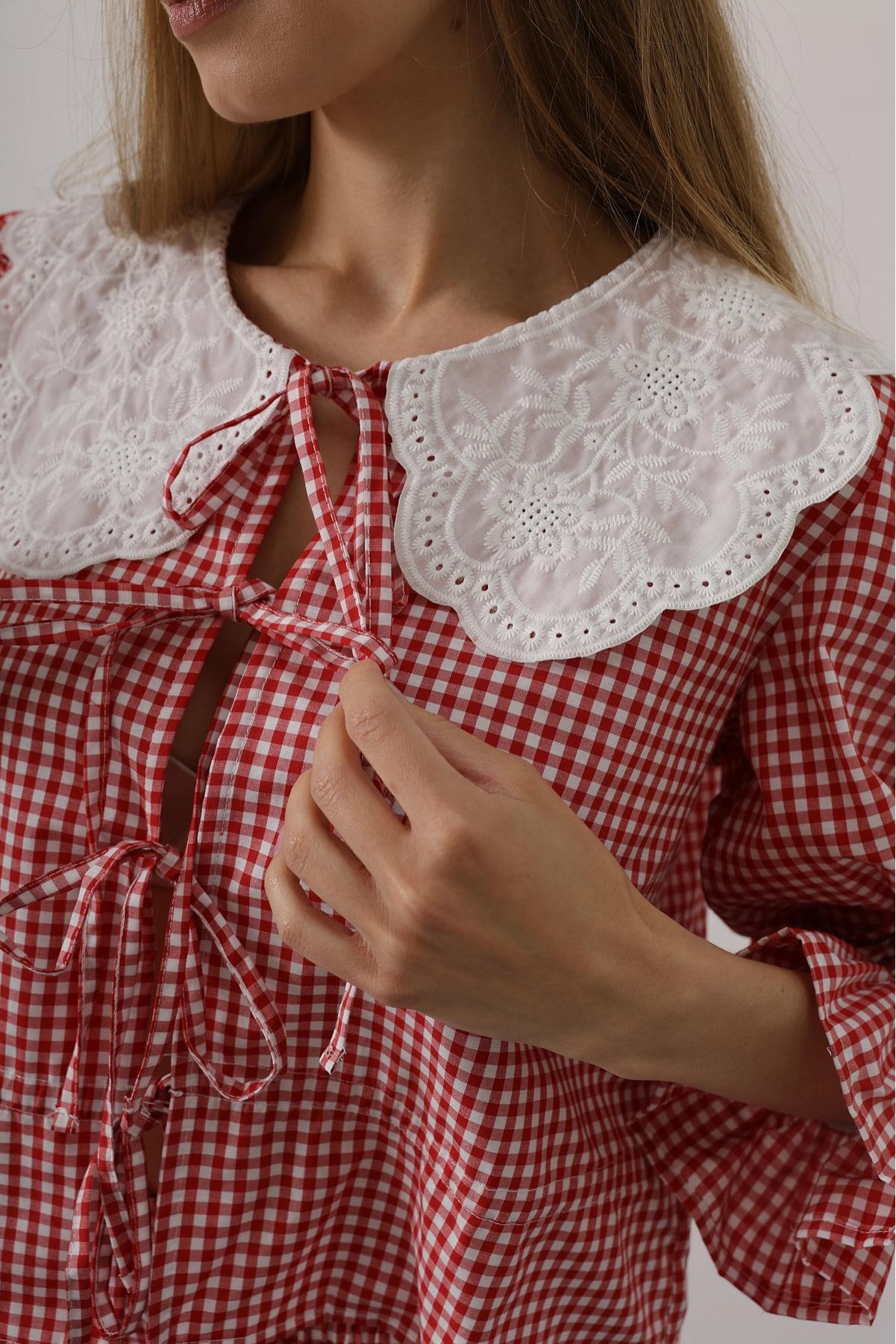 Dantel Yakalı Kare Desenli Takım - Kırmızı