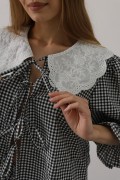 Dantel Yakalı Kare Desenli Takım - Siyah