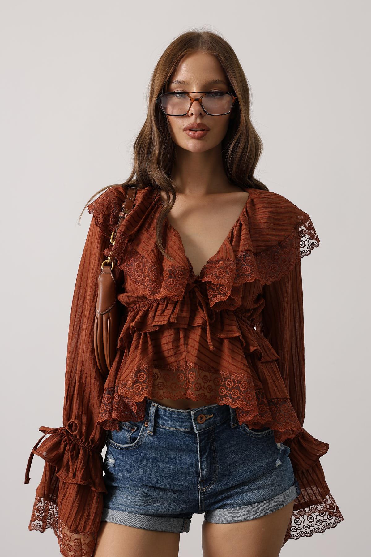 Dantelli Fırfırlı Bohem Bluz - Kahve