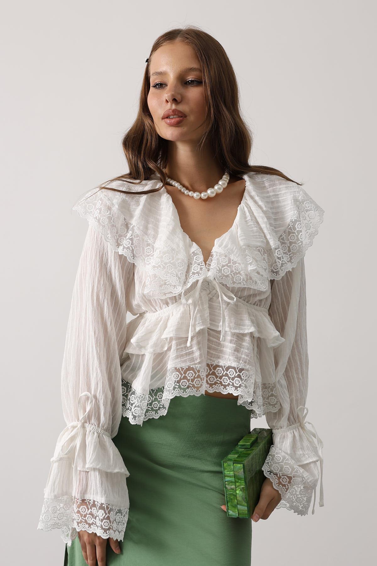 Dantelli Fırfırlı Bohem Bluz - Beyaz