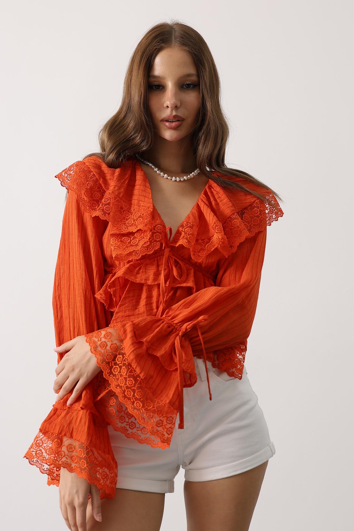 Dantelli Fırfırlı Bohem Bluz - Kırmızı