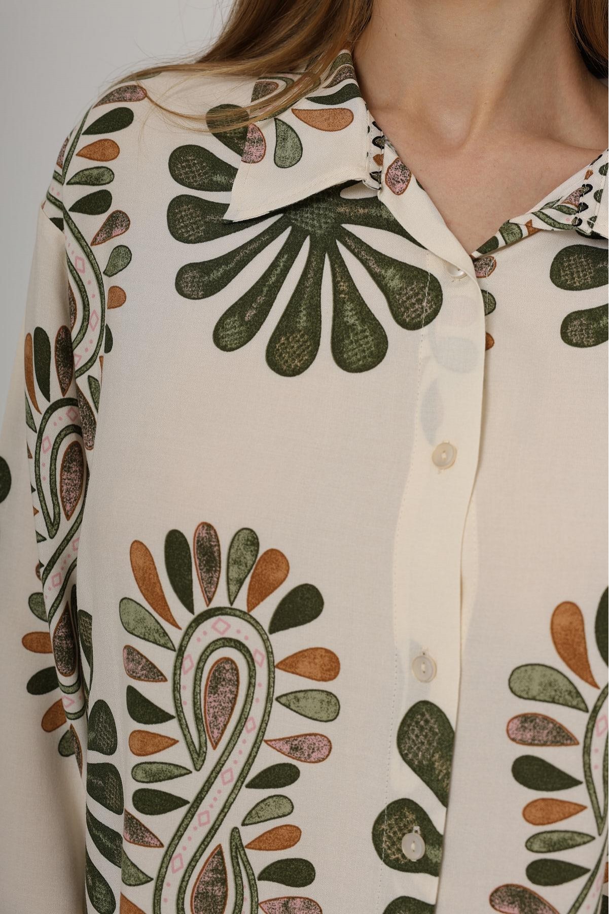 Desenli Kolları Volanlı Pantolon Takım - Haki