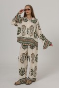 Desenli Kolları Volanlı Pantolon Takım - Haki