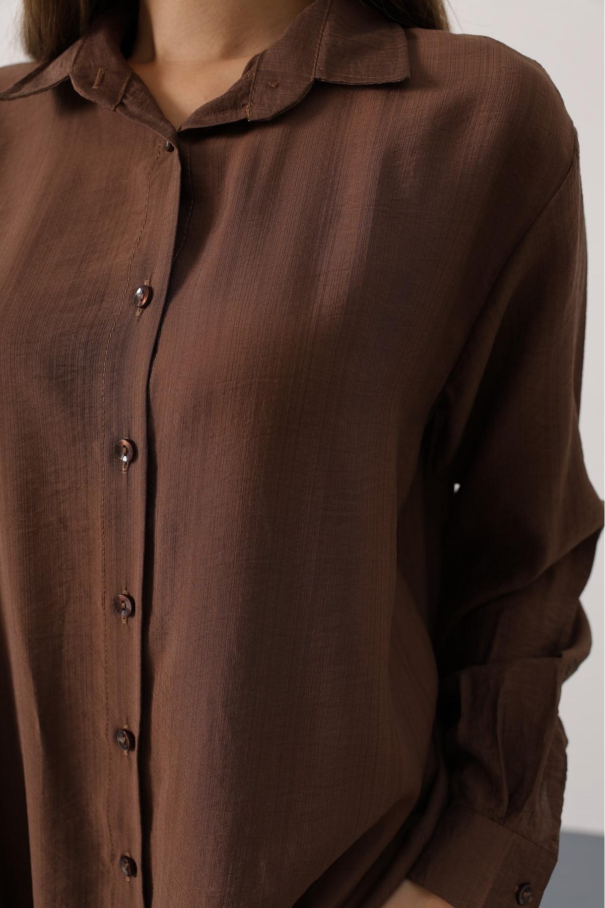 Desenli Pantolon Düz Gömlek Takım - Fuşya-Kahve