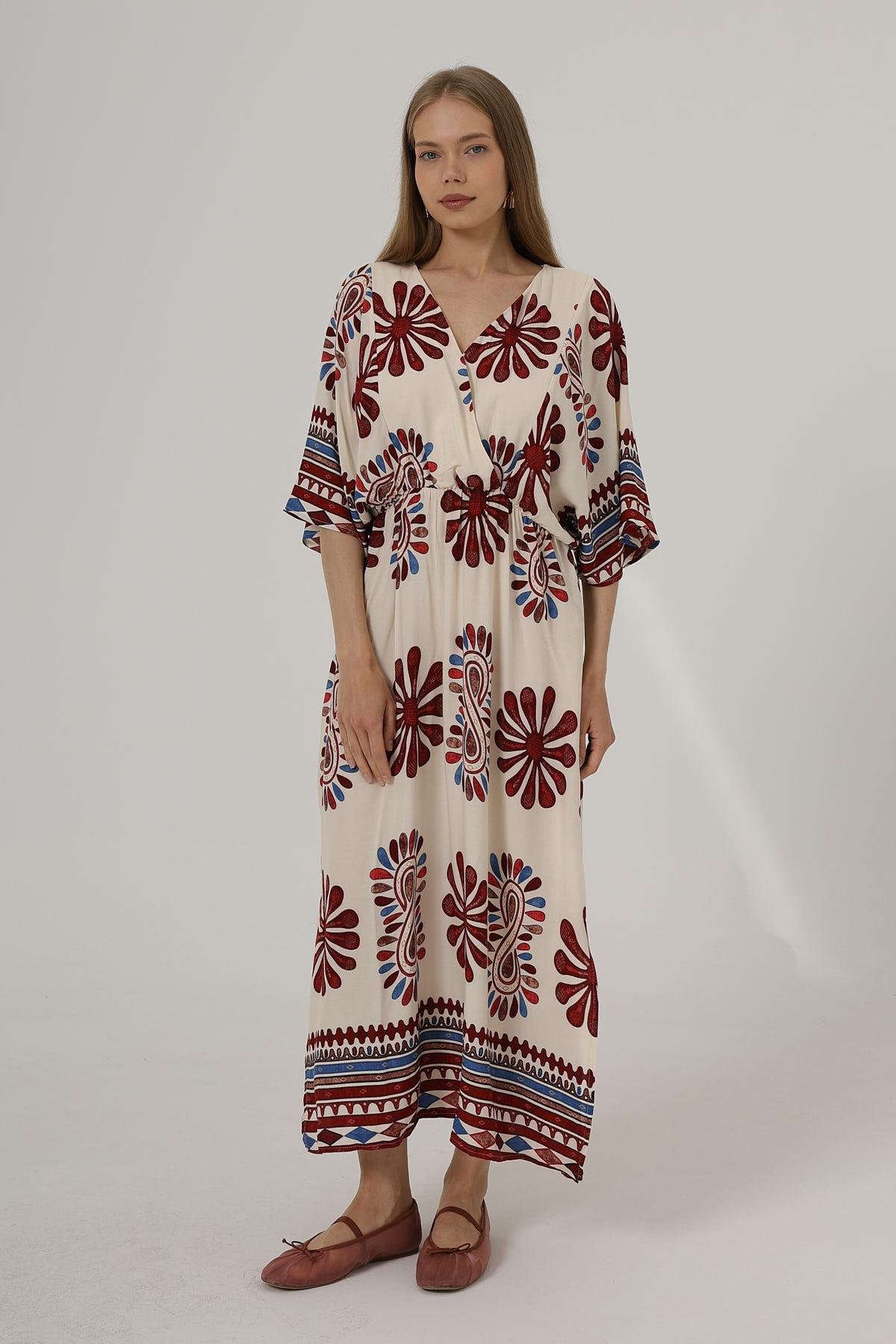 Desenli Yarım Kol Elbise - Kırmızı