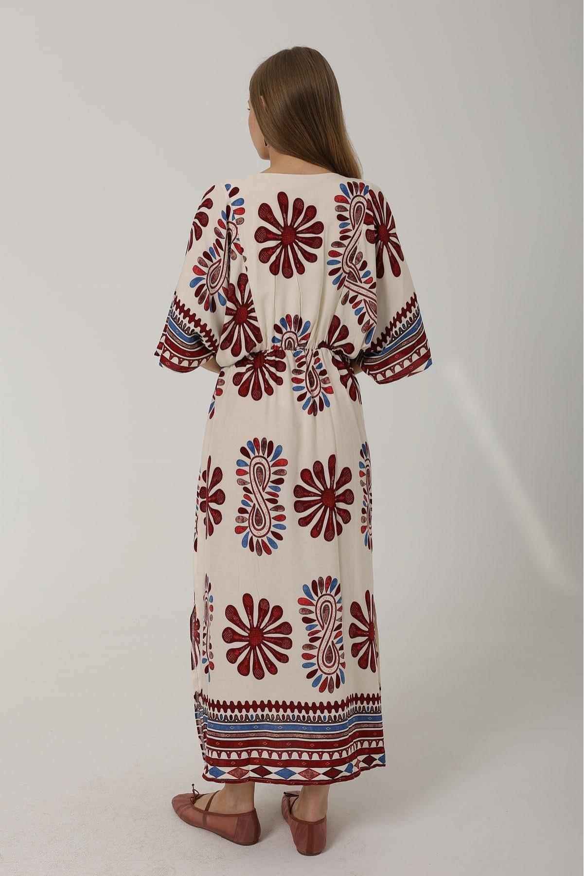 Desenli Yarım Kol Elbise - Kırmızı