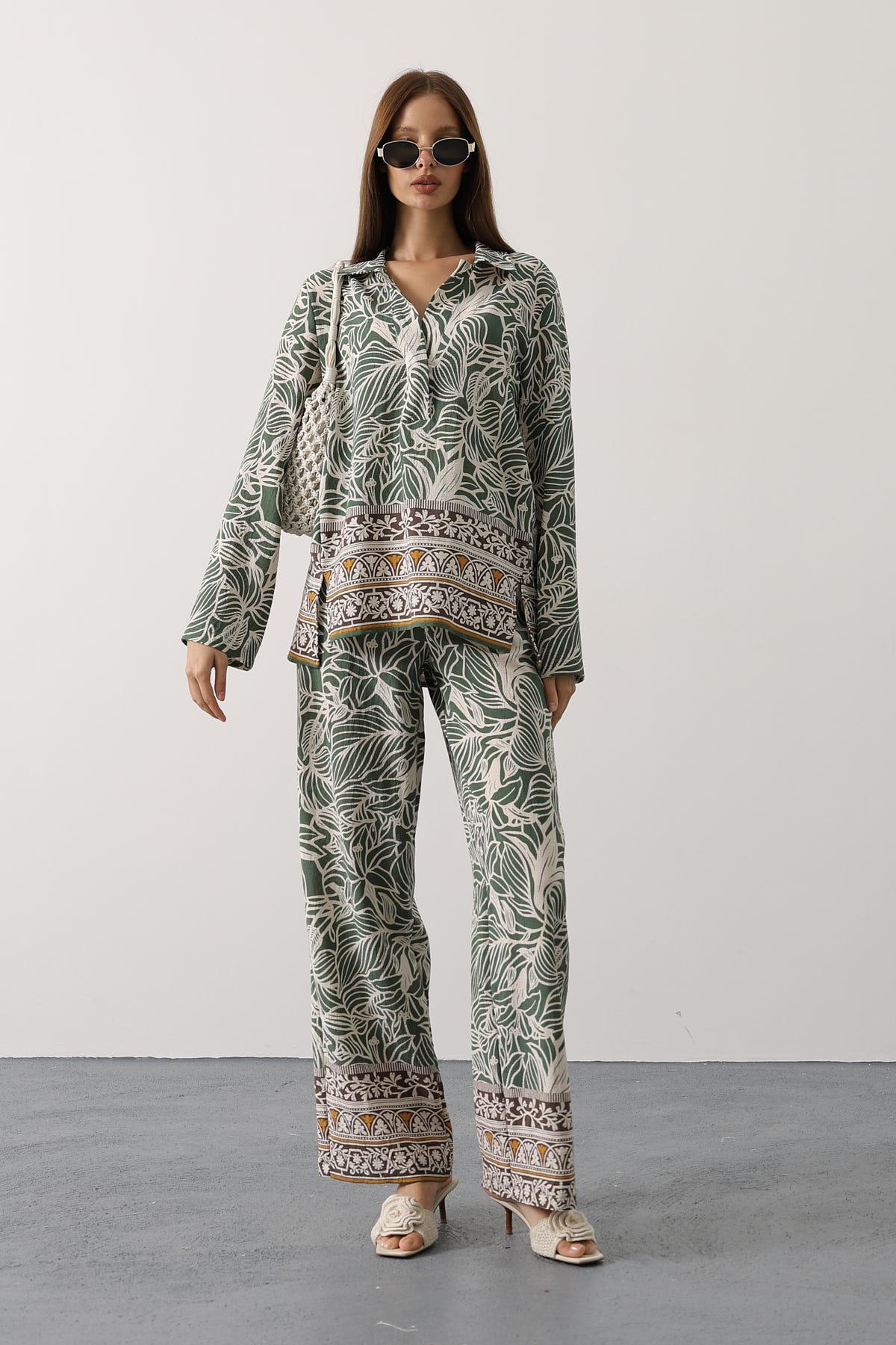 Desenli Yarım Pat Pantolon Takım - Yeşil - Ekru
