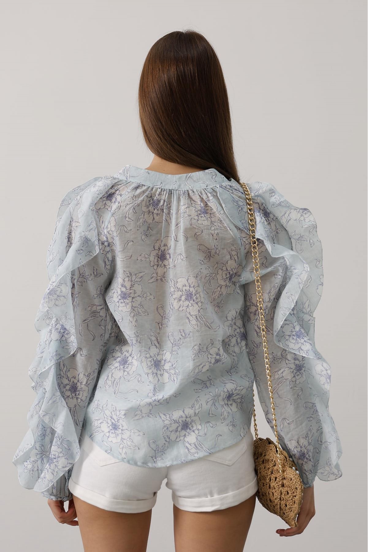 FIRFIRLI ÇICEK DESEN UZUN KOL BLUZ - Saks