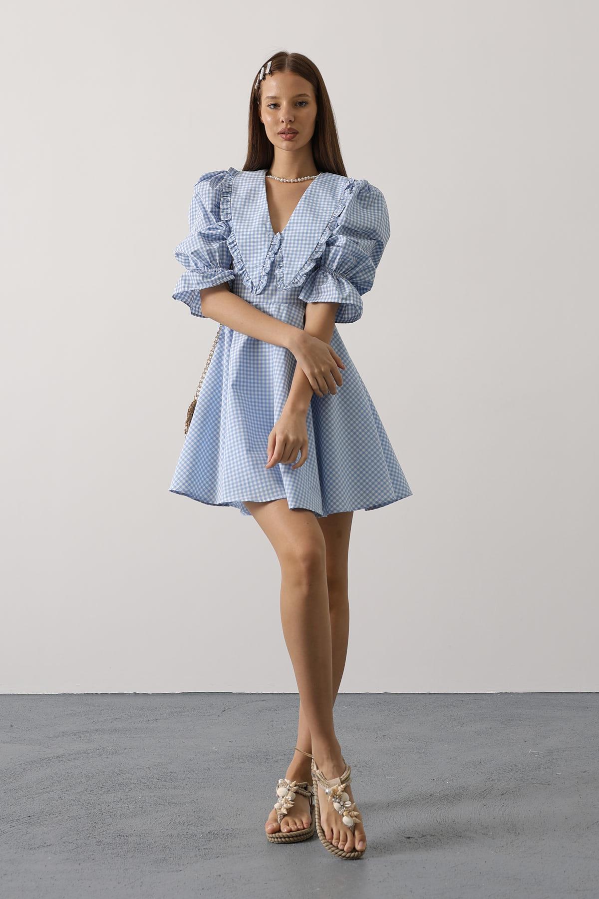 Kareli Bebe Yaka Elbise - Mavi