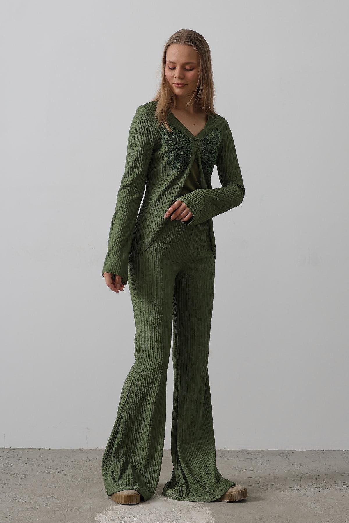 Kelebek Detaylı Örme Takım - Haki