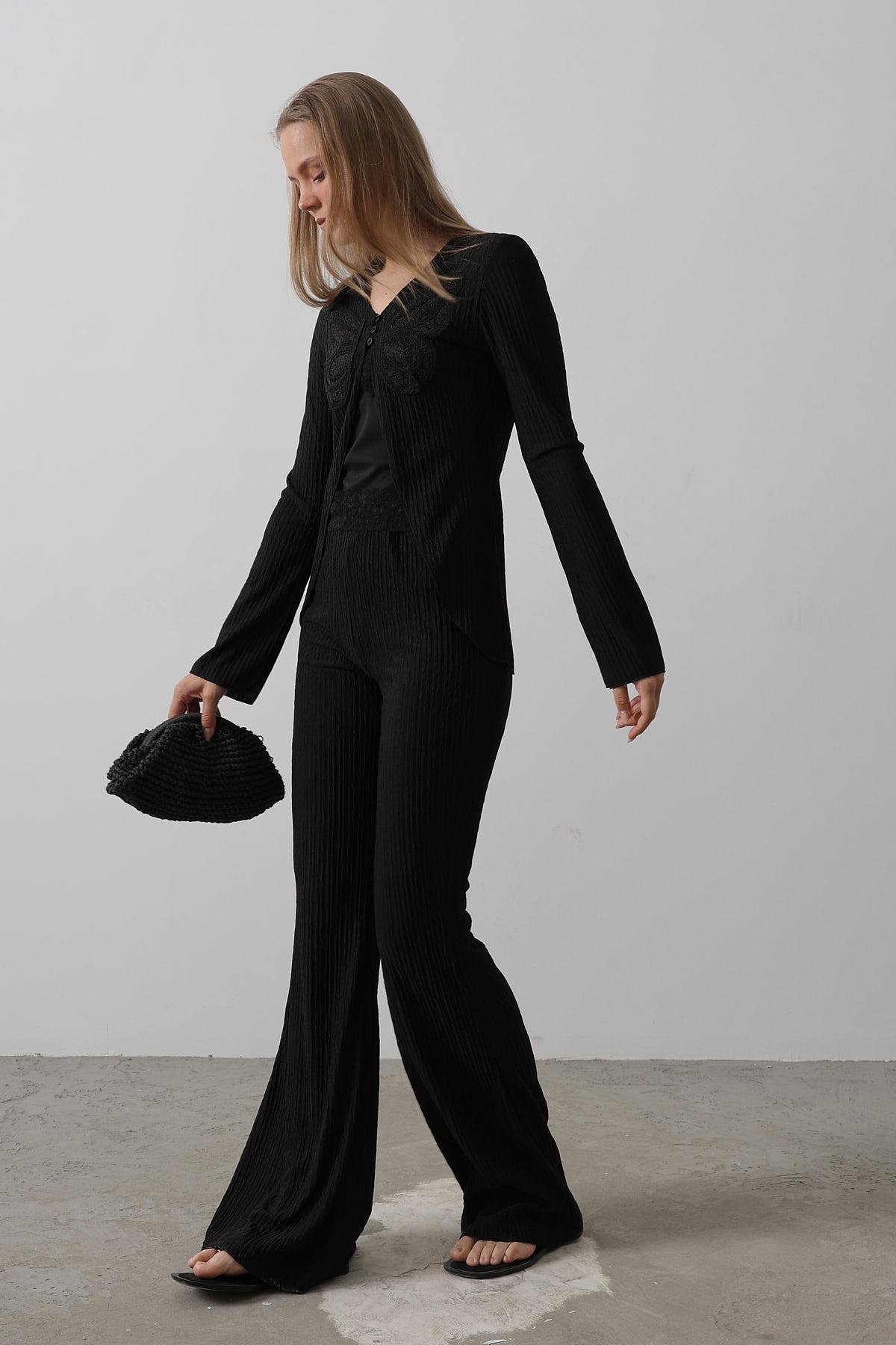 Kelebek Detaylı Örme Takım - Siyah