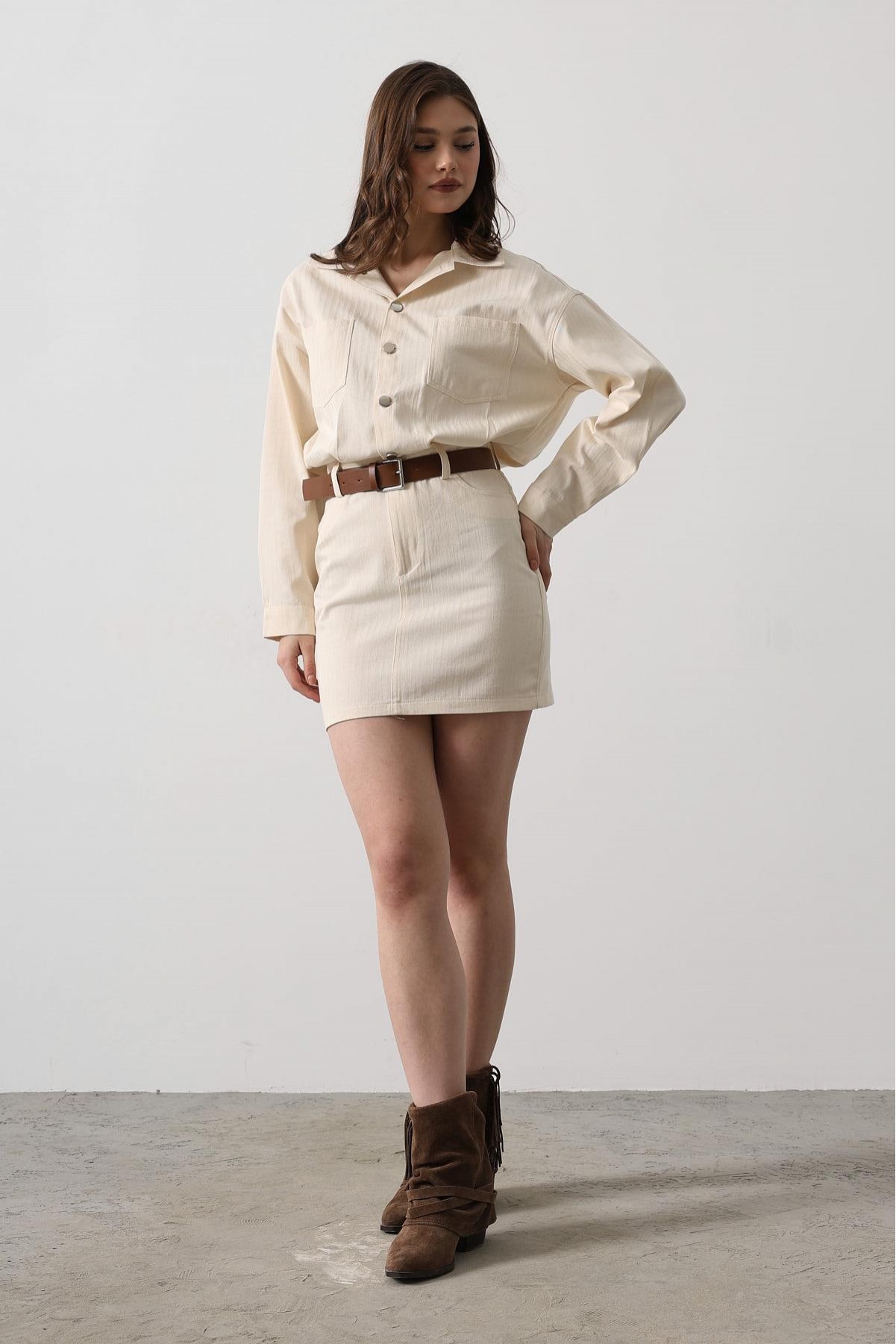 Kemer Detaylı Balıksırtı Gömlek Elbise - Natür