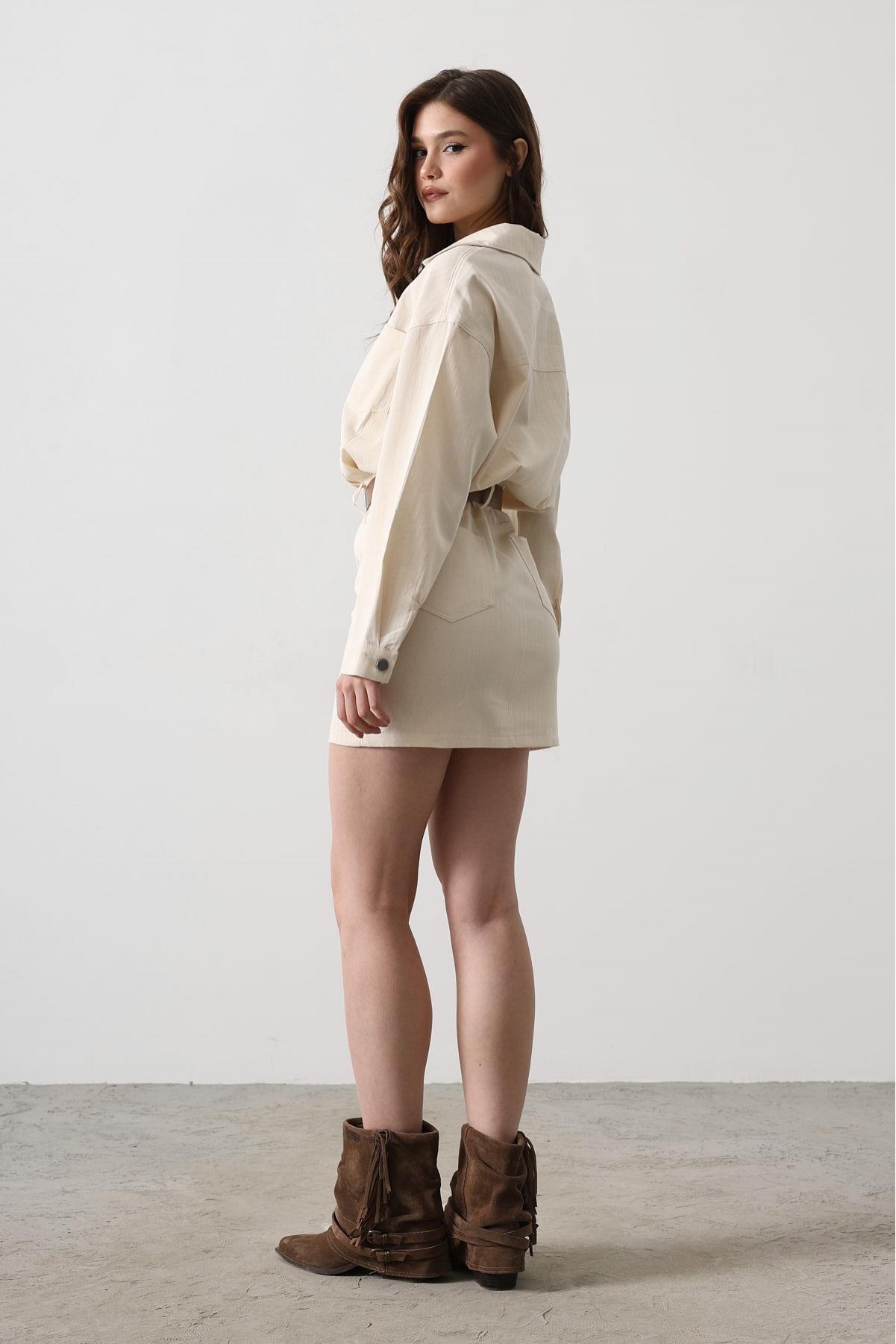 Kemer Detaylı Balıksırtı Gömlek Elbise - Natür