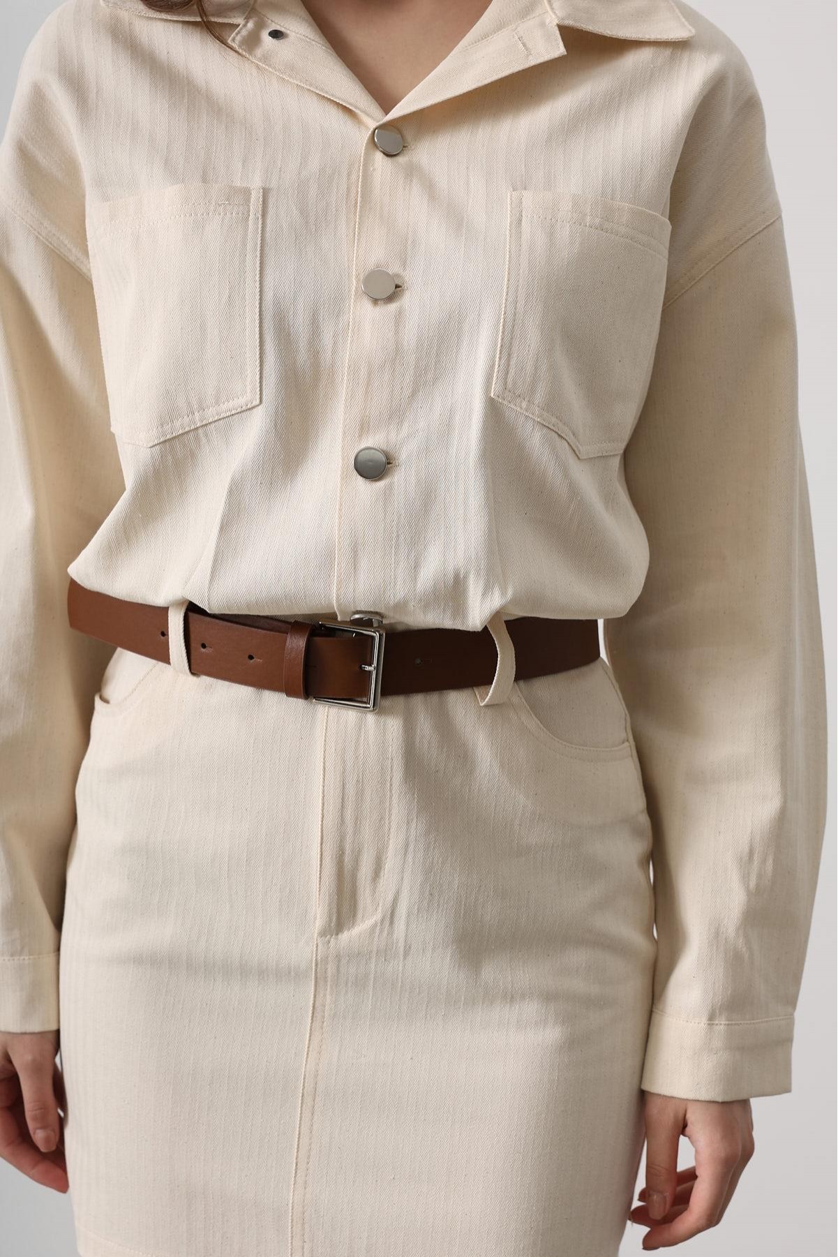 Kemer Detaylı Balıksırtı Gömlek Elbise - Natür