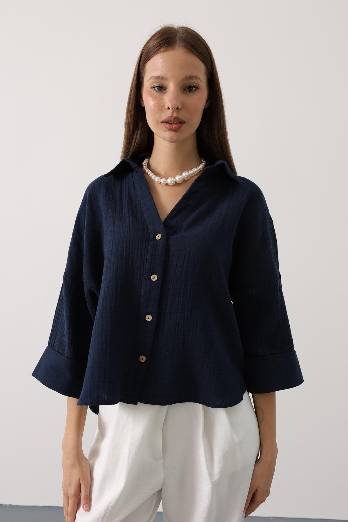 Kolları Duble Müslin Gömlek - Lacivert