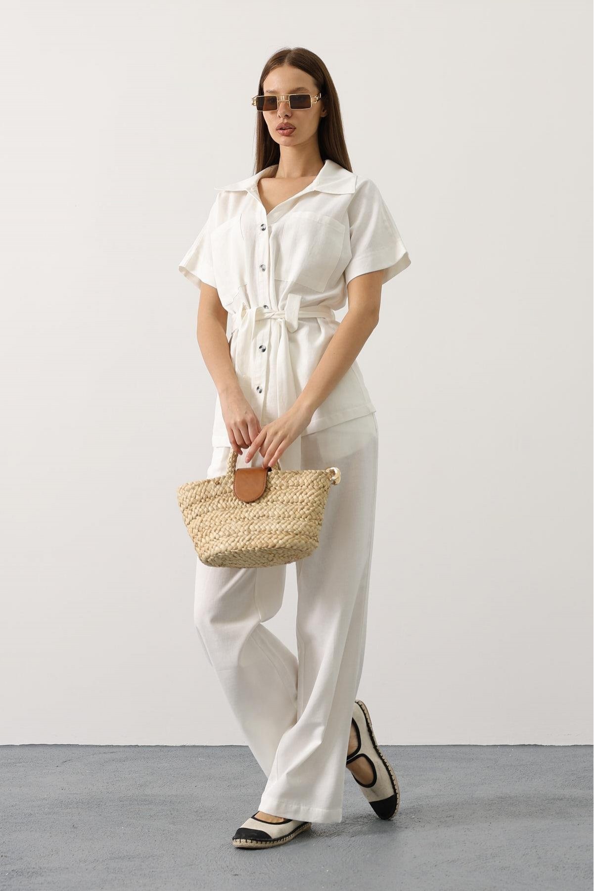 Kuşaklı Cep Detaylı Pantolon Takım - Beyaz