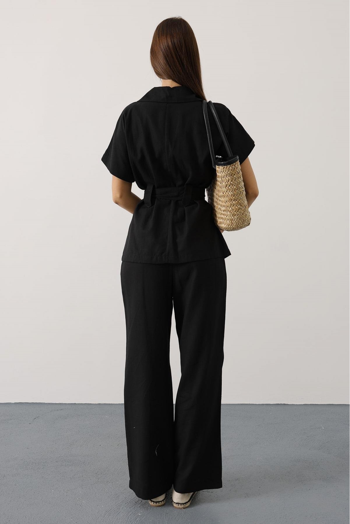Kuşaklı Cep Detaylı Pantolon Takım - Siyah