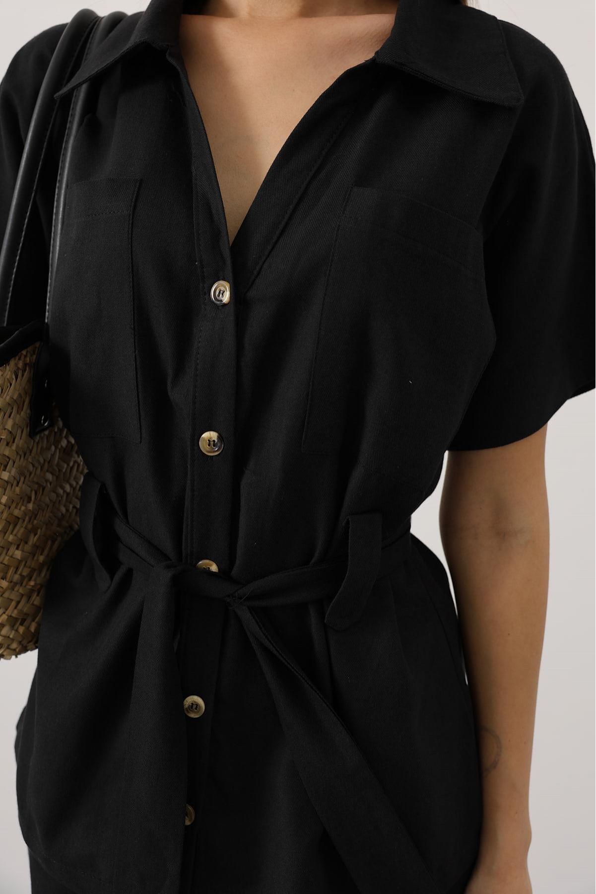 Kuşaklı Cep Detaylı Pantolon Takım - Siyah