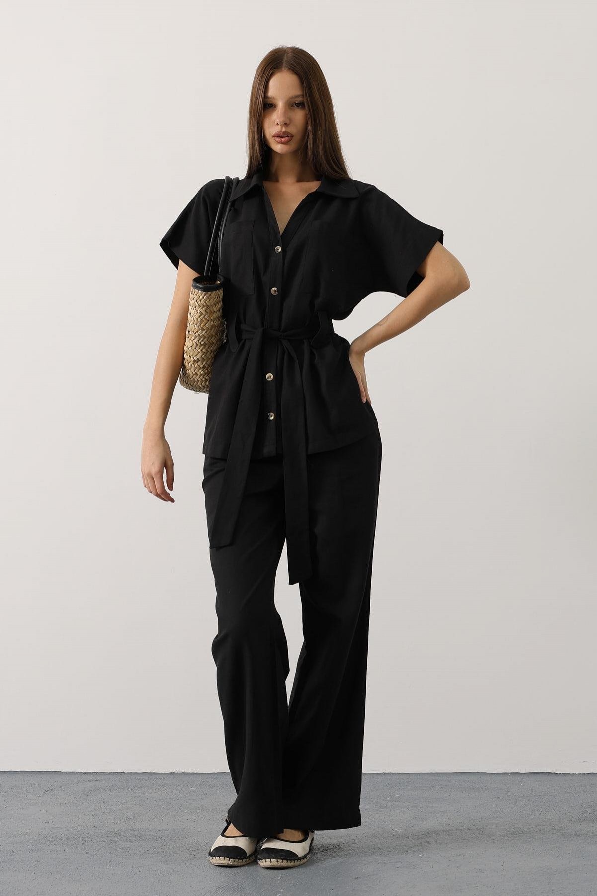 Kuşaklı Cep Detaylı Pantolon Takım - Siyah