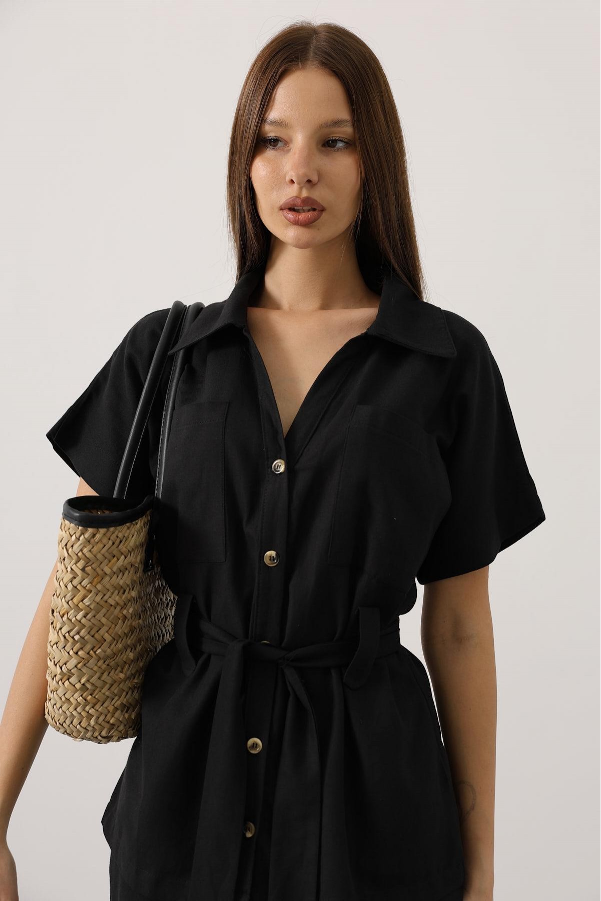 Kuşaklı Cep Detaylı Pantolon Takım - Siyah