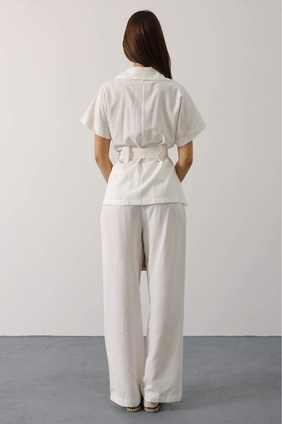 Kuşaklı Cep Detaylı Pantolon Takım - Beyaz