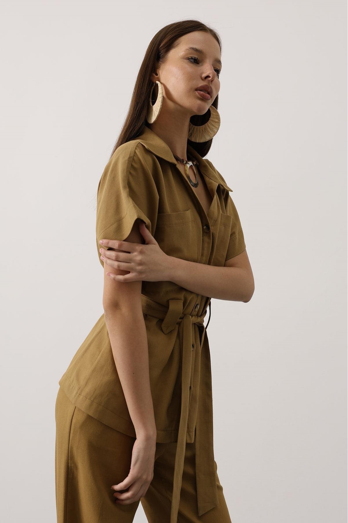 Kuşaklı Cep Detaylı Pantolon Takım - Yağ Yeşili