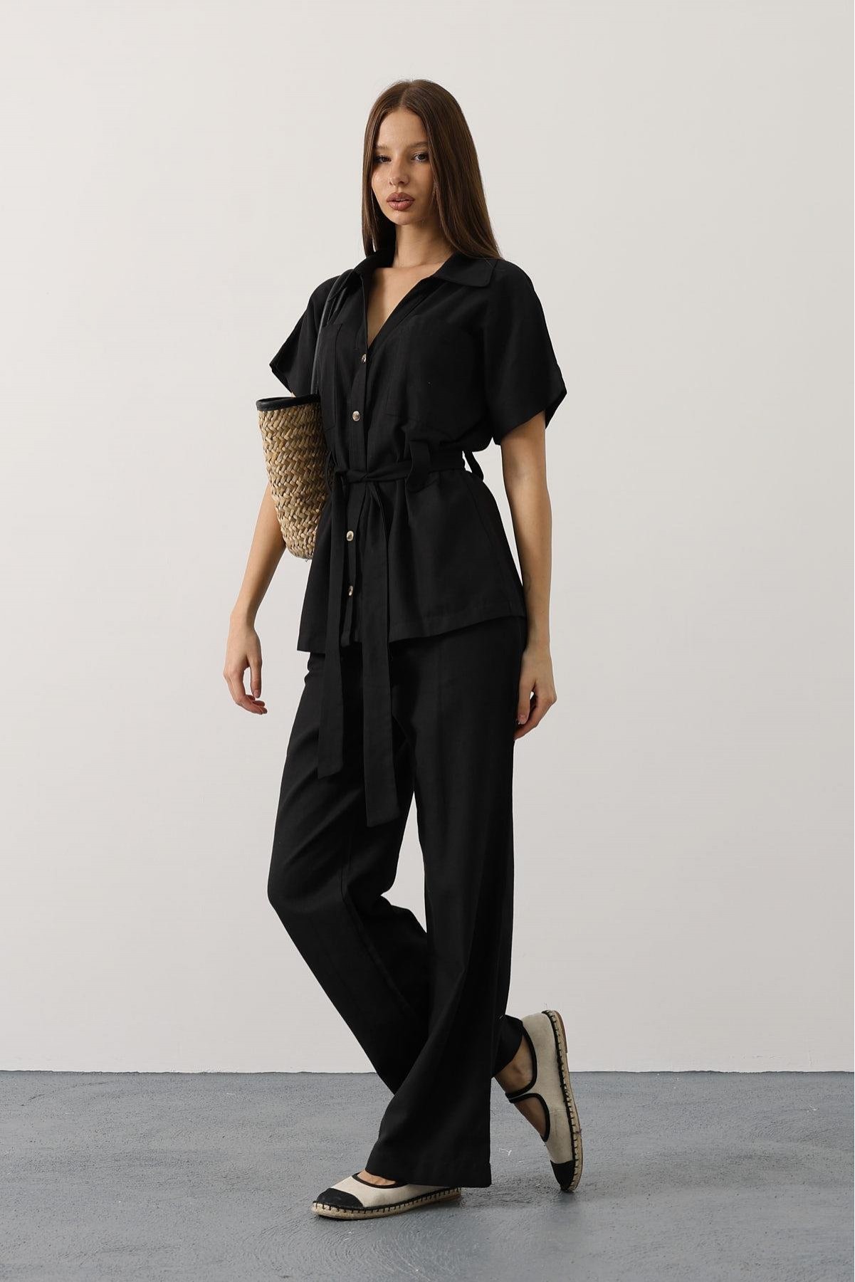 Kuşaklı Cep Detaylı Pantolon Takım - Siyah